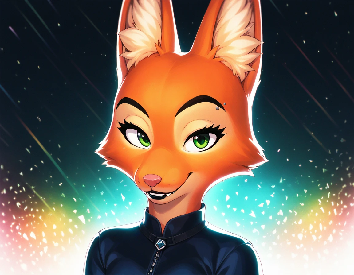 Diane foxington, ginger fur, emerald eyes, black lipstick, black eyebrows, silver piercings on eyebrow, fox tail, black dress, alone, in a ballad, colorful lights, neons, colorful, by diives