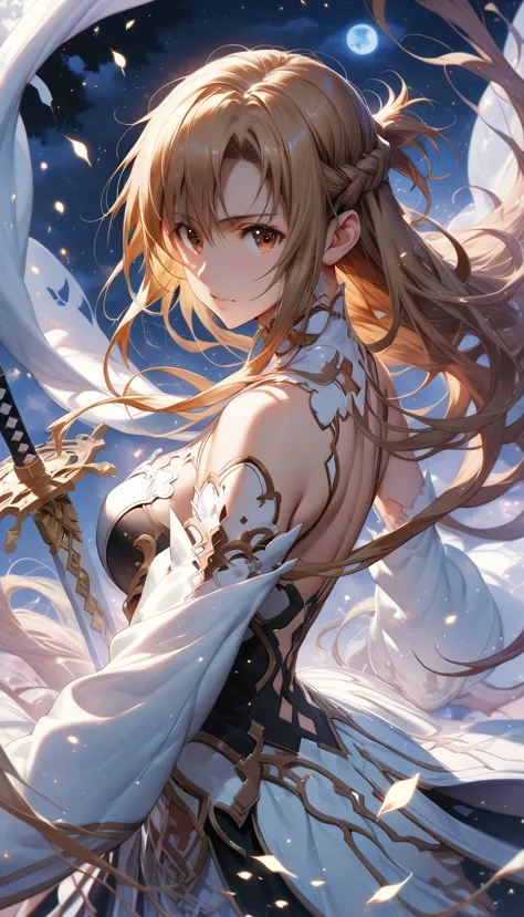 (asuna yuuki), (sword art online), all body in dynamic pose, (intricate details), moonlight passing through hair, floating hair,...