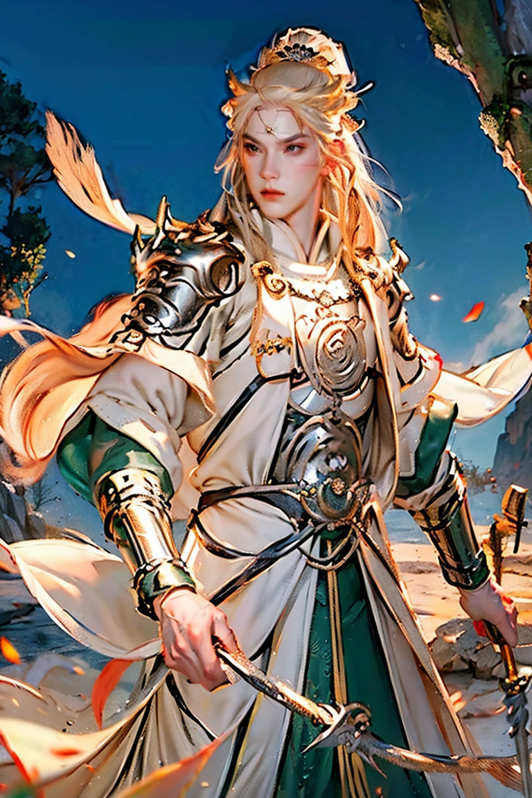 a man with blond hair and blue eyes wearing traditional Chinese clothing, traditional clothing from the Tang dynasty, emerald and silver tones, bringing power and peace to the image, symbol of a dragon on the pieto (best quality, 4k, 8k, high resolution, art - prime: 1.2), ultra detailed, (realistic, photorealistic, photorealistic: 1.37), extremely detailed eyes and face, long eyelashes, intricate armor details, traditional Chinese robes, flowing hair, emerald and silver color palette, expression powerful and serene, dramatic lighting, cinematic composition, award-winning digital art
