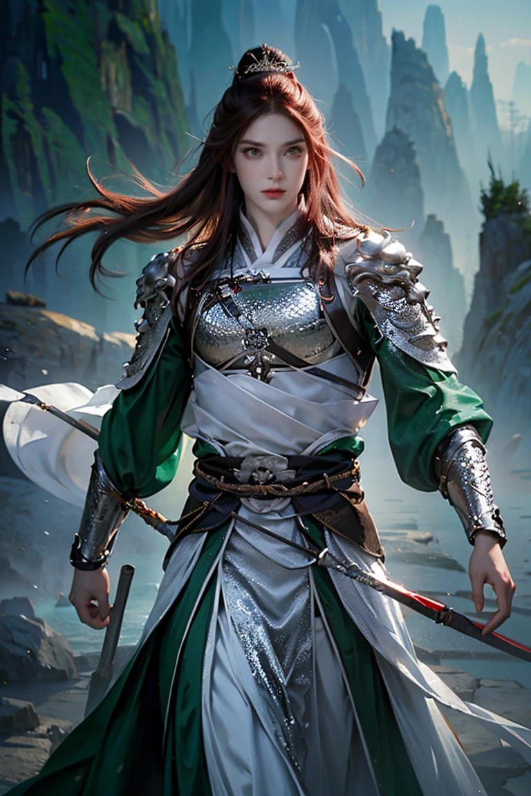 a man with long dark reddish brown hair and green eyes and a feminine face wearing Chinese armor over traditional Tang dynasty clothing, emerald and silver tones, bringing power and peace to the image, (best quality, 4k, 8k, high resolution, art - prime: 1.2), ultra detailed, (realistic, photorealistic, photorealistic: 1.37), extremely detailed eyes and face, long eyelashes, intricate armor details, traditional Chinese robes, flowing hair, emerald and silver color palette, expression powerful and serene, dramatic lighting, cinematic composition, award-winning digital art
