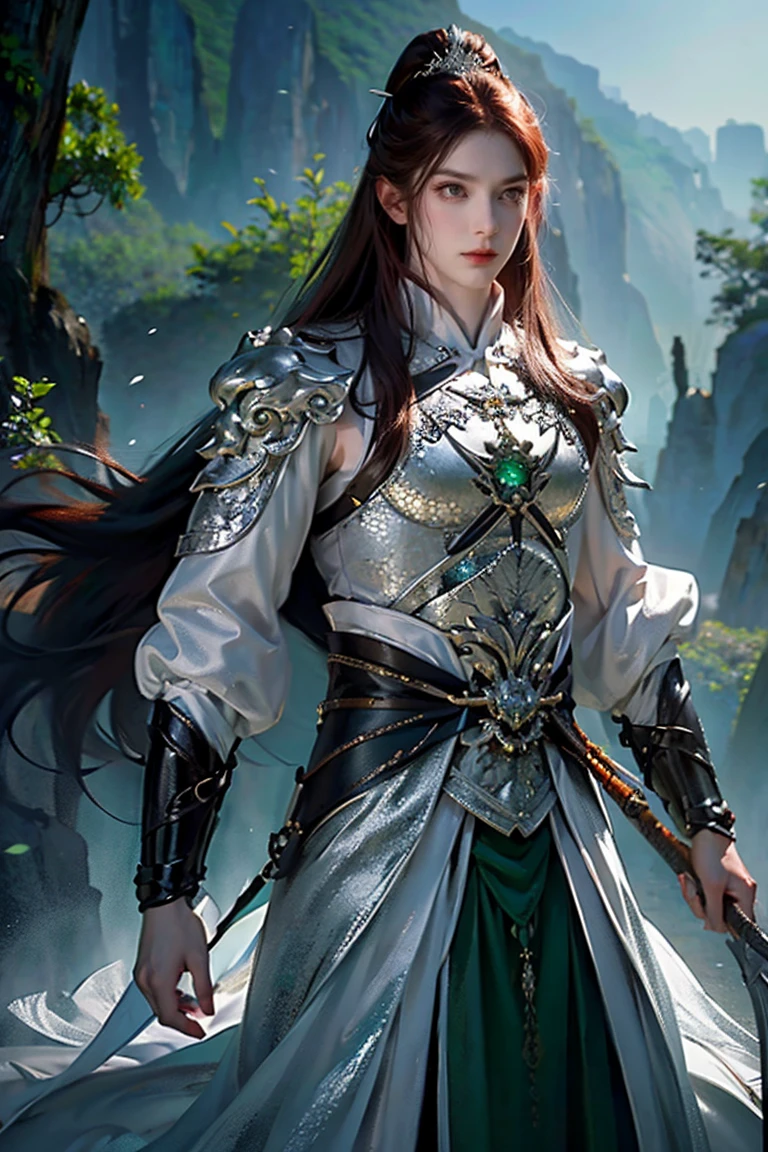 a man with long dark reddish brown hair and green eyes and a feminine face wearing Chinese armor over traditional Tang dynasty clothing, emerald and silver tones, bringing power and peace to the image, (best quality, 4k, 8k, high resolution, art - prime: 1.2), ultra detailed, (realistic, photorealistic, photorealistic: 1.37), extremely detailed eyes and face, long eyelashes, intricate armor details, traditional Chinese robes, flowing hair, emerald and silver color palette, expression powerful and serene, dramatic lighting, cinematic composition, award-winning digital art
