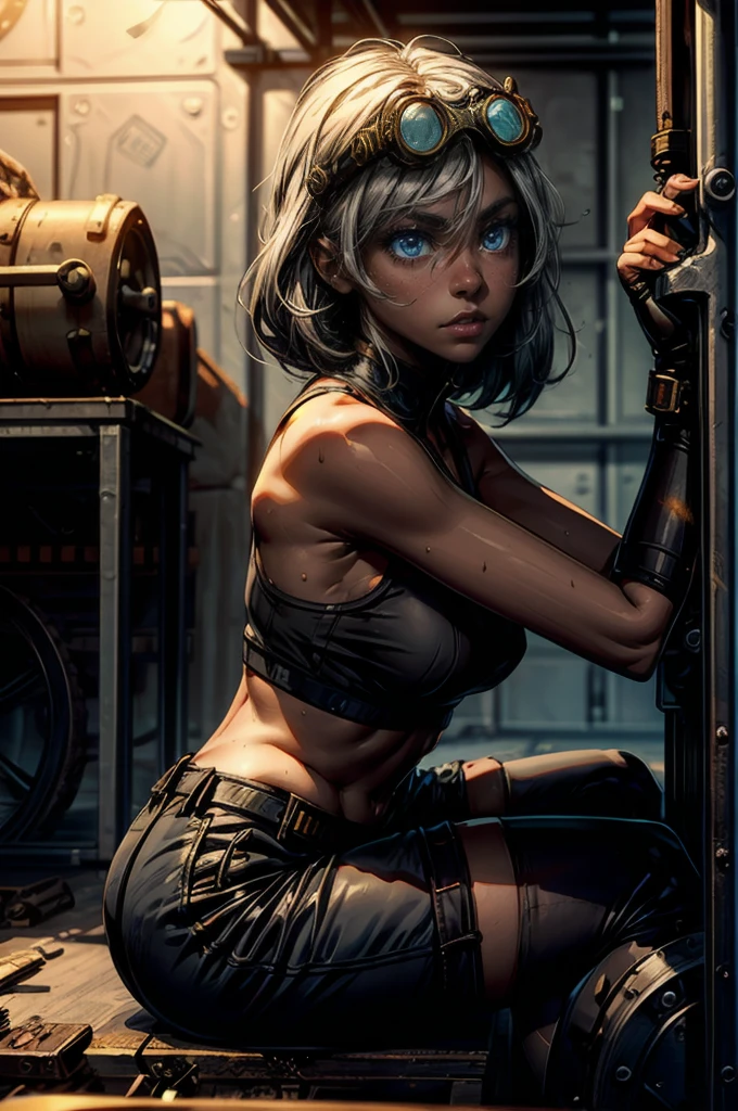 (3D Western Anime Style) (masterpiece), expressive eyes, beautiful makeup, feminine boy, white hair, short hair, flat chest, toned physique, white tank top, black shorts, bulge, curvy ass, mechanical steampunk gloves, steampunk goggles, sultry, mechanic, steampunk motorcycle, sweating profusely, garage, steampunk schematic on walls, smiling, blue eyes, holding a wrench, dirt on face and body, sitting beside a steampunk engine,