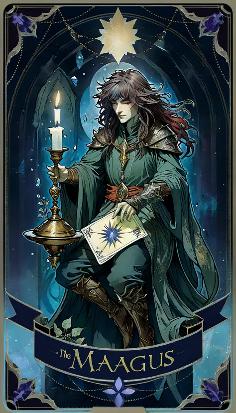 tarot card, the magus, on a table with a chalice, a lit candle and crystals, ((text at the bottom of the letter: "the magus"))de...