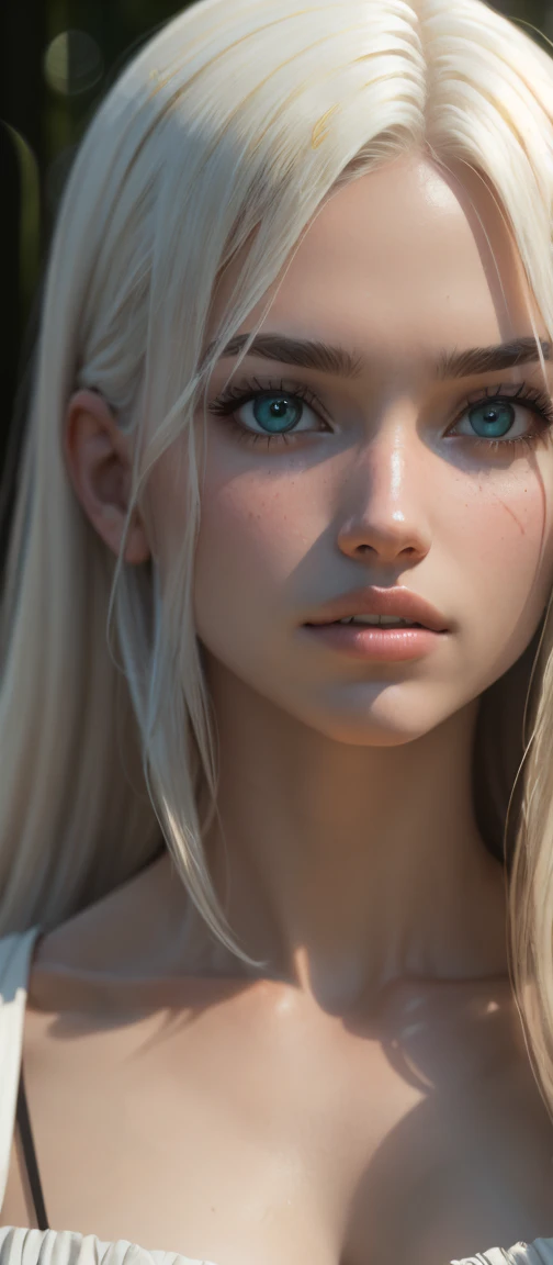 (dynamic lighting), (realism), (UHD), (32k), (Mastepiece), (highres, high resolution), (Advanced facial details), (natural skin:1.3), (DSLR), (soft lighting), (high quality), (finely detailed face), (top quality), ((big breasts:1)), (Best Quality), (platinum blond hair:1.5), (photorealistic:1.4) , (hyperrealistic:1.4), (smoother sunset lighting:1.05), (Centered), (increase Fujicolor quality:0.9), ((alena aenami:1)), A stunning girl with long whihair, beautiful face and eyes, in a forest with cinematic film lighting, dark and low-lit. She is wearing a white dress with golden hues, her eyes focused, looking at the viewer. Her her face delicate and flawless, a masterpiece, a work of art of the highest quality. The image is an incredibly detailed 8K CG wallpaper, with artistic cinematic lighting and film-like tones with a neutral filter.