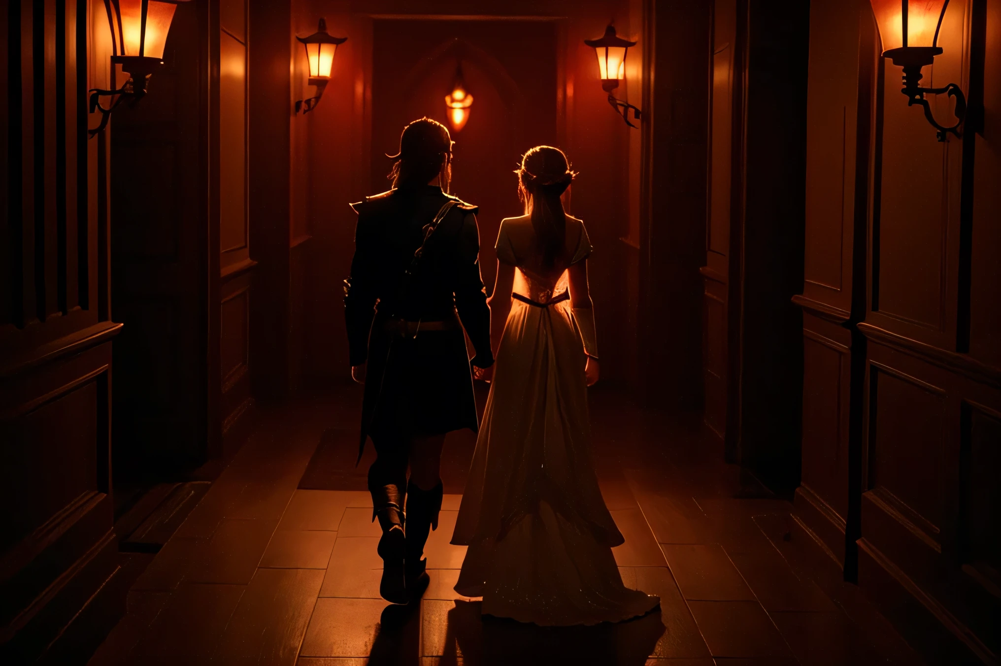 Back view of Princess Zelda and Link cautiously moving through a dark room, guided by the soft, red glow of a lantern. Zelda, dressed in her elegant white royal dress, walks slightly ahead with a determined posture, while Link, in his green elf-like attire, follows closely, holding a shield and sword ready. The red light from the lantern casts dramatic shadows on the walls, creating an eerie atmosphere. The room's details are obscured by darkness, emphasizing the focus on the two figures and their cautious journey through the dimly lit space.