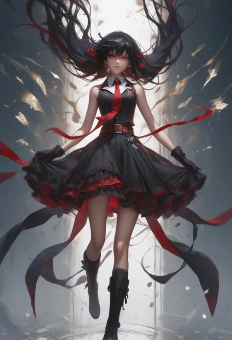 score_9, score_8_up, score_7_up, (akame ga kill!), very long black hair, floating hair, red eyes, black dress, sleeveless, detai...