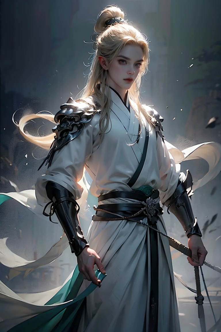 a man with blond hair and blue eyes wearing traditional Chinese clothing, traditional clothing from the Tang dynasty, emerald and blue tones, bringing power and strength to the image, symbol of a dragon on the chest (best quality, 4k, 8k, high resolution, art - prime: 1.2), ultra detailed, (realistic, photorealistic, photorealistic: 1.37), extremely detailed eyes and face, long eyelashes, intricate armor details, traditional Chinese robes, flowing hair, emerald and silver color palette, expression powerful and serene, dramatic lighting, cinematic composition, award-winning digital art

