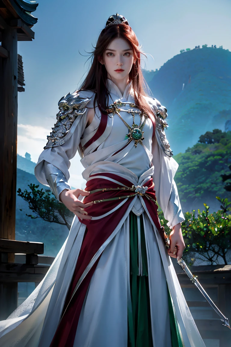 a man with long dark reddish brown hair and green eyes and a feminine face wearing Chinese armor over traditional Tang dynasty clothing, emerald and silver tones, bringing power and peace to the image, (best quality, 4k, 8k, high resolution, art - prime: 1.2), ultra detailed, (realistic, photorealistic, photorealistic: 1.37), extremely detailed eyes and face, long eyelashes, intricate armor details, traditional Chinese robes, flowing hair, emerald and silver color palette, expression powerful and serene, dramatic lighting, cinematic composition, award-winning digital art
