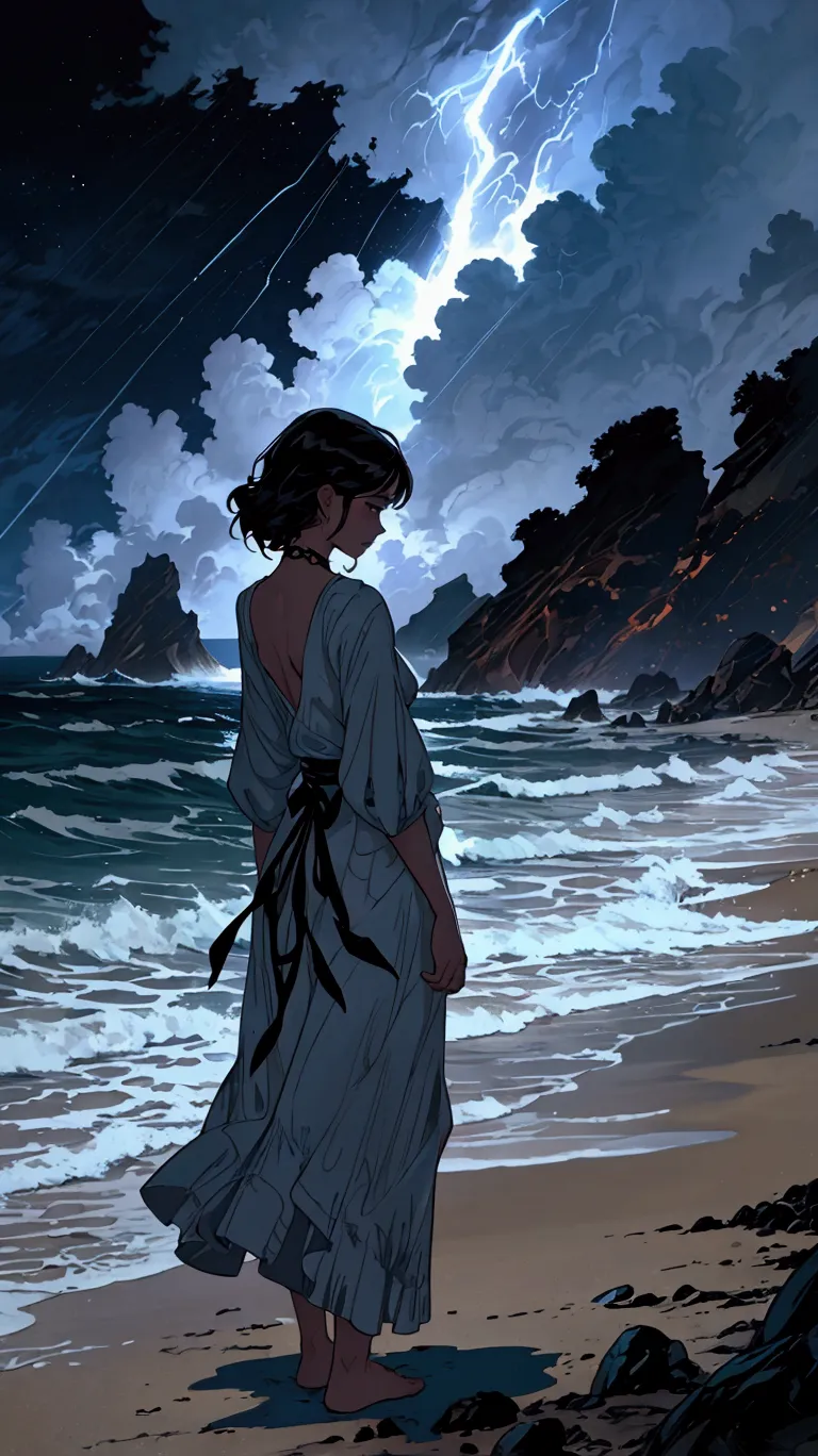 there is a woman standing on the beach looking at the ocean, charlie bowater art style, style of charlie bowater, makoto shinkai...