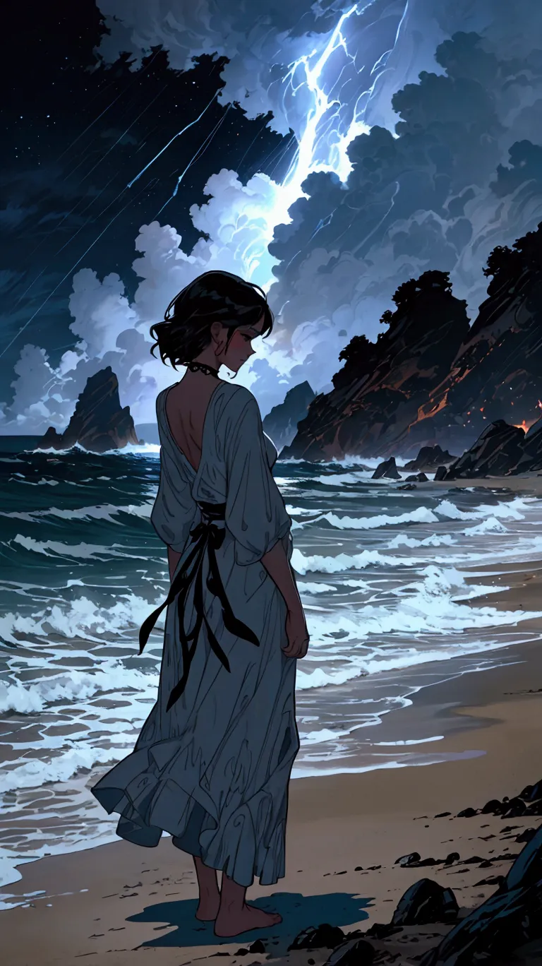 there is a woman standing on the beach looking at the ocean, charlie bowater art style, style of charlie bowater, makoto shinkai...