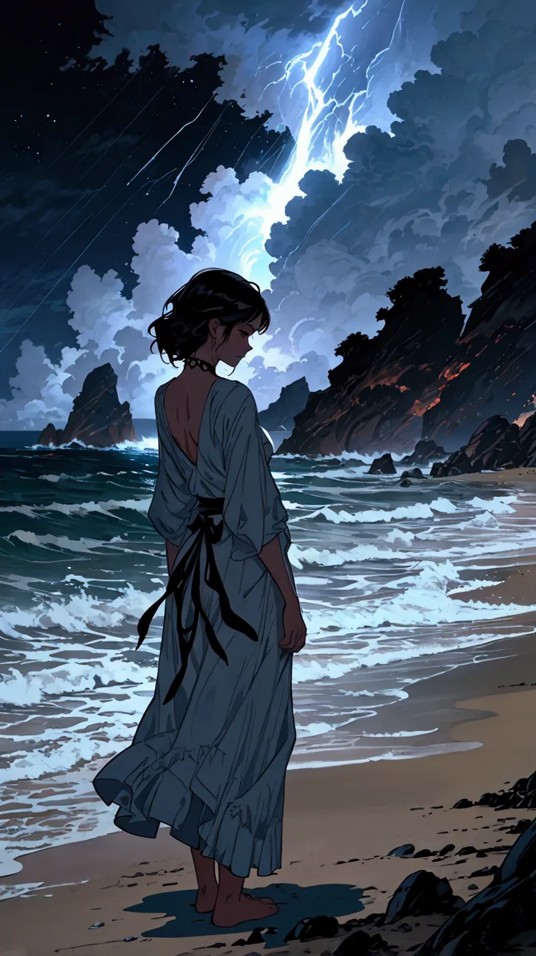 there is a woman standing on the beach looking at the ocean, charlie bowater art style, style of charlie bowater, makoto shinkai...