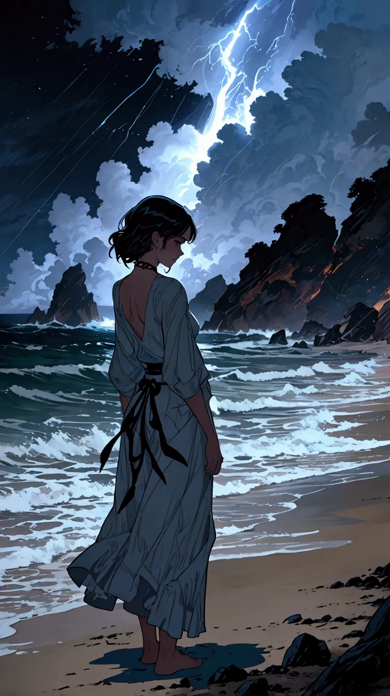 there is a woman standing on the beach looking at the ocean, charlie bowater art style, style of charlie bowater, makoto shinkai...