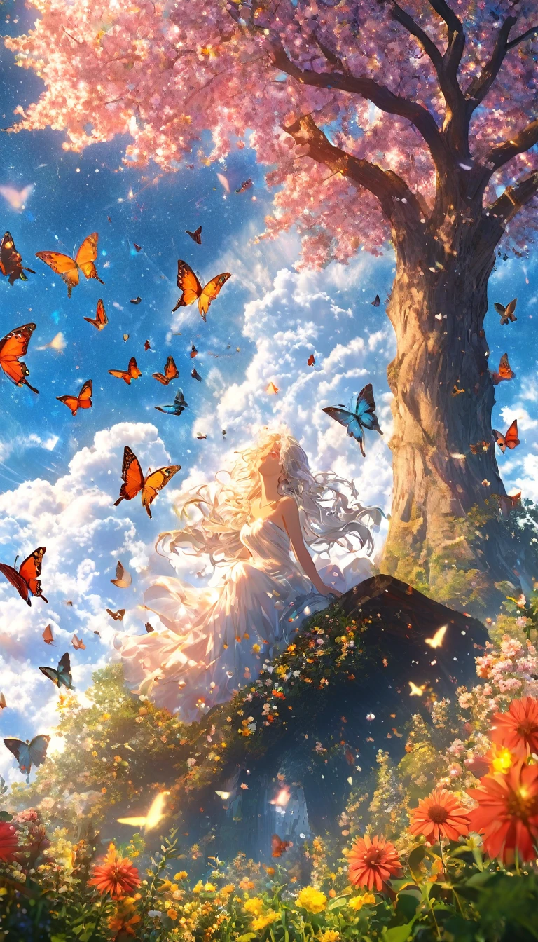 masterpiece, 1 centaur, looking up at the sky), (Many butterflies flying in the sky), Beautiful sky, summer，Colorful flowers are blooming everywhere, Mysterious and dreamy ,Giant Tree，quality\(8K,CG wallpaper, masterpiece,High resolution,top-quality,Surrealism,Increased resolution,RAW Photos,Best quality,Very detailed,Light,Ray Tracing,Golden Ratio) solid circle eyes, silver hair, half-closed eyes, sad, drop shadow, anaglyph, stereogram, tachi-e, atmospheric perspective, wide shot, reflection light, 8K, super detail, best quality, anatomically correct