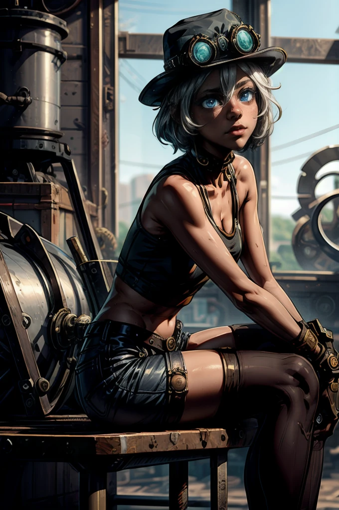 (3D Western Anime Style) (masterpiece), expressive eyes, beautiful makeup, feminine boy, white hair,(( very short hair)), ((flat chest)), toned physique, white tank top, black shorts, bulge, curvy ass, mechanical steampunk gloves, steampunk goggles, mechanic, steampunk motorcycle, sweating profusely, garage, steampunk schematic on walls, smiling, blue eyes, holding a wrench, dirt on face and body, sitting beside a steampunk engine, sitting sultry,