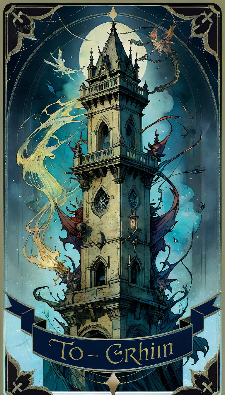 tarot card, to tower, A burning tower with several people falling from it and little demons laughing , ((text at the bottom of the Letter: "to tower"))de Brian Froud e Carne Griffiths e Wadim Kashin, intricate details, oil 