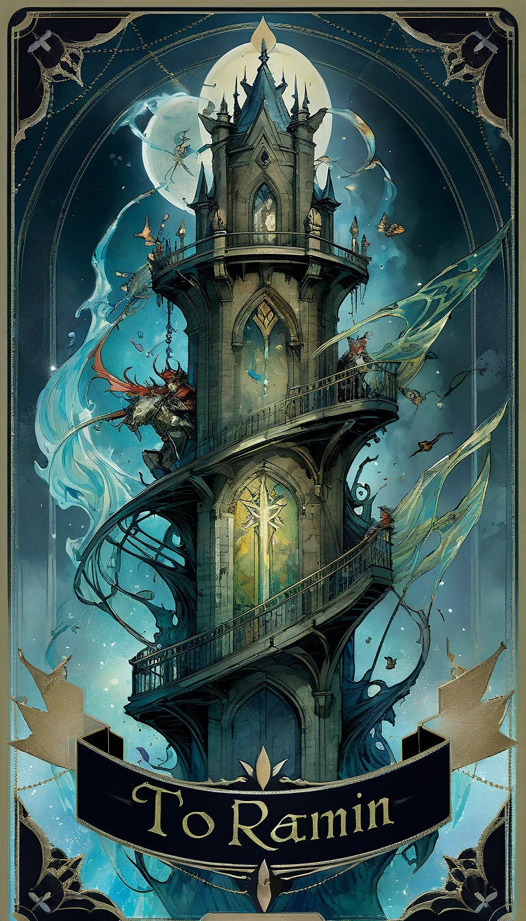 tarot card, to tower, A burning tower with several people falling from it and little demons laughing , ((text at the bottom of the Letter: "to tower"))de Brian Froud e Carne Griffiths e Wadim Kashin, intricate details, oil 