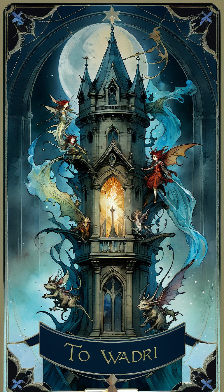 tarot card, to tower, A burning tower with several people falling from it and little demons laughing , ((text at the bottom of the Letter: "to tower"))de Brian Froud e Carne Griffiths e Wadim Kashin, intricate details, oil 