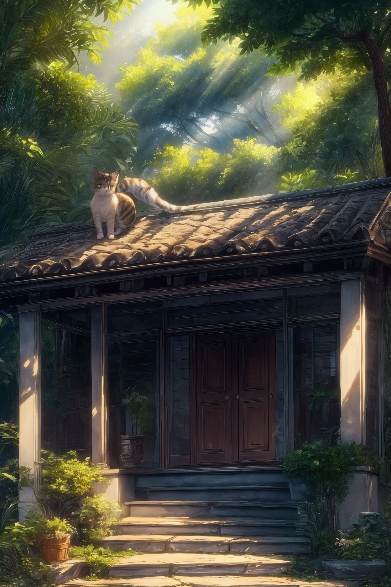 there is a cat sitting on the steps of a building, cats and plants, elegant cat, cat in the forest, cat photography, calico cat, an anthro cat, outdoor staircase, lush surroundings, in the sun, in the garden, beautiful cat, summer morning light, aesthetic siamese cat, fluffy cat, ragdoll cat, amongst foliage, anthro cat