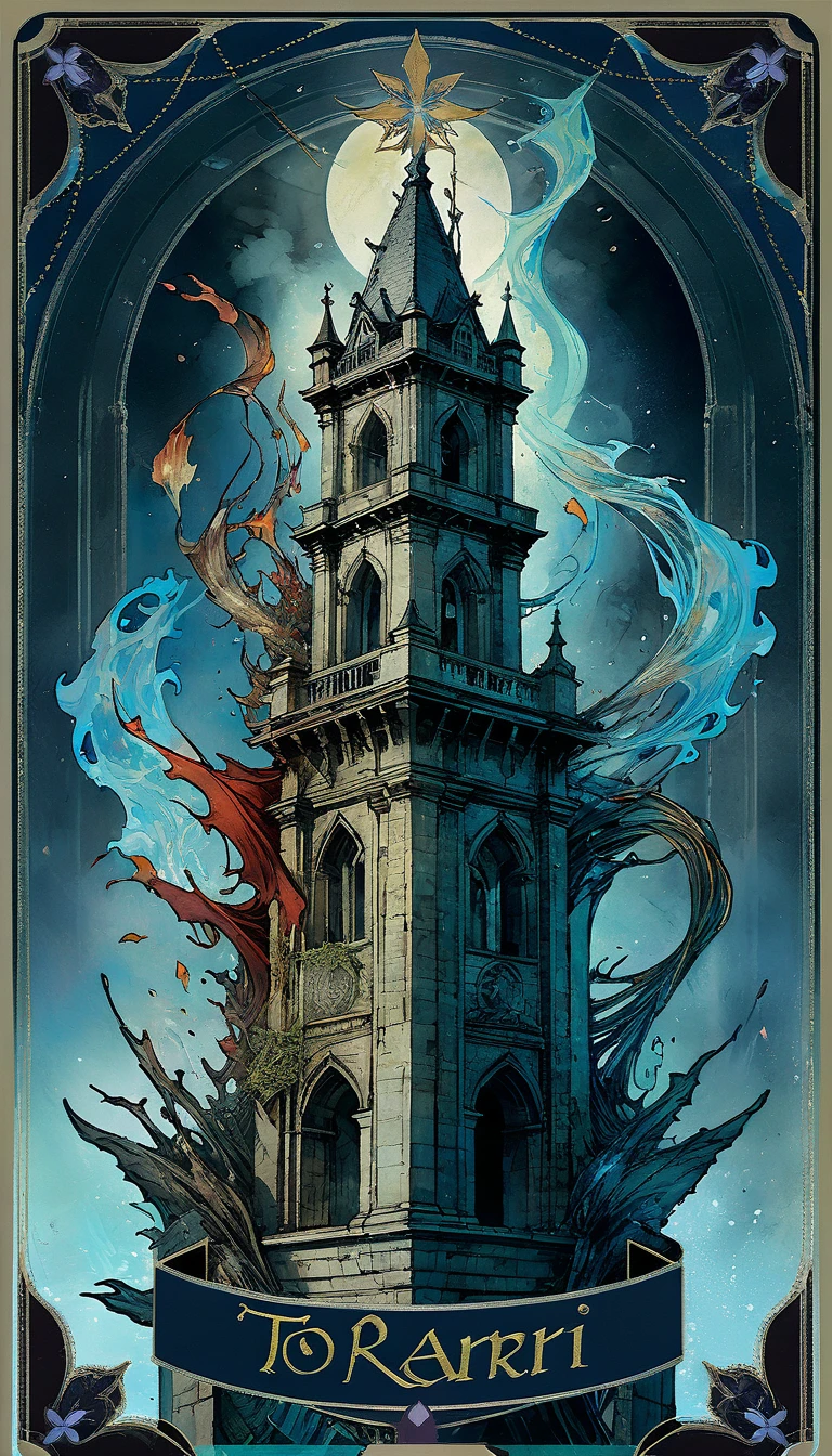 tarot card, to tower, A destroyed tower in flames with several people falling from it , ((text at the bottom of the Letter: "to tower"))de Brian Froud e Carne Griffiths e Wadim Kashin, intricate details, oil