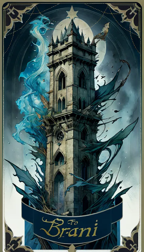 tarot card, to tower, a destroyed tower in flames with several people falling from it , ((text at the bottom of the letter: "to ...