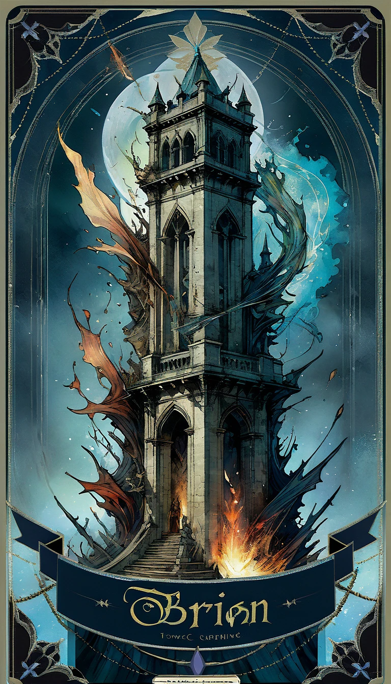 tarot card, to tower, A destroyed tower in flames with several people falling from it , ((text at the bottom of the Letter: "to tower"))de Brian Froud e Carne Griffiths e Wadim Kashin, intricate details, oil