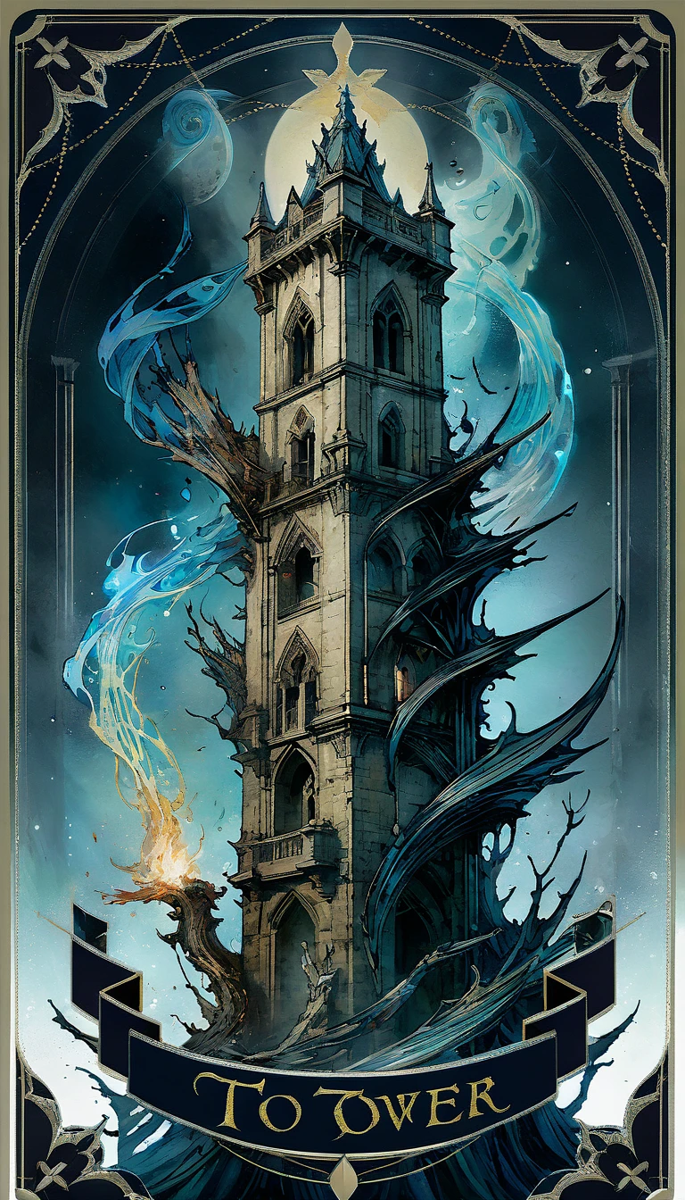 tarot card, to tower, A destroyed tower in flames with several people falling from it , ((text at the bottom of the Letter: "to tower"))de Brian Froud e Carne Griffiths e Wadim Kashin, intricate details, oil