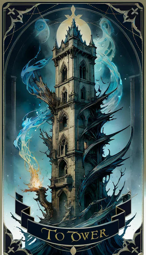 tarot card, to tower, a destroyed tower in flames with several people falling from it , ((text at the bottom of the letter: "to ...