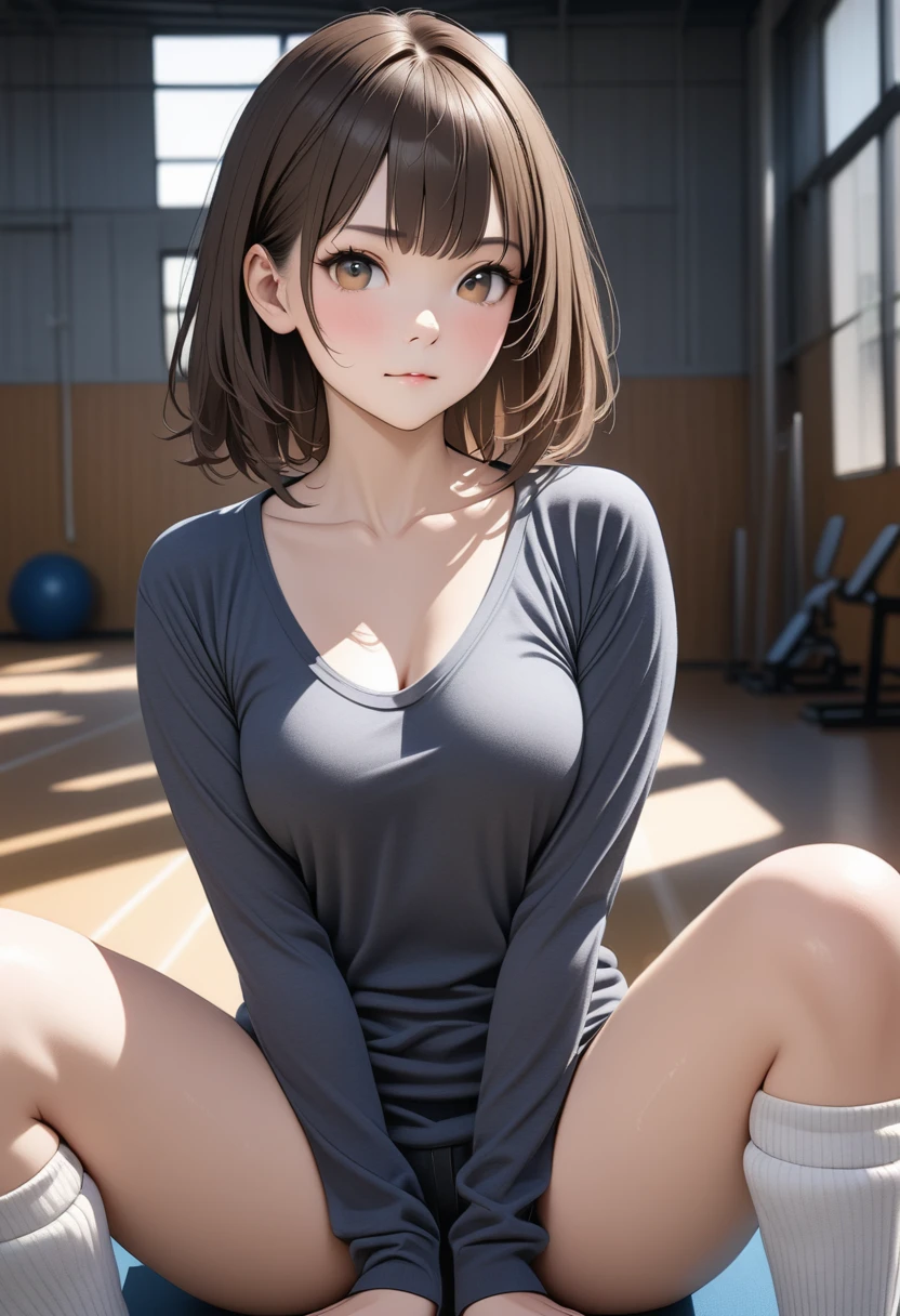 best quality, highres, photo realistic, perfect anatomy, extremely detailed, detailed face, detailed body, high quality, white loose socks, JK, cute girl, 18yo, young face, medium curvy hair, brown hair, medium breasts, overly sleeve cardigan, skinny body, slender body, gym arena, sexy standing pose, knee together, feet apart,  arms behind back