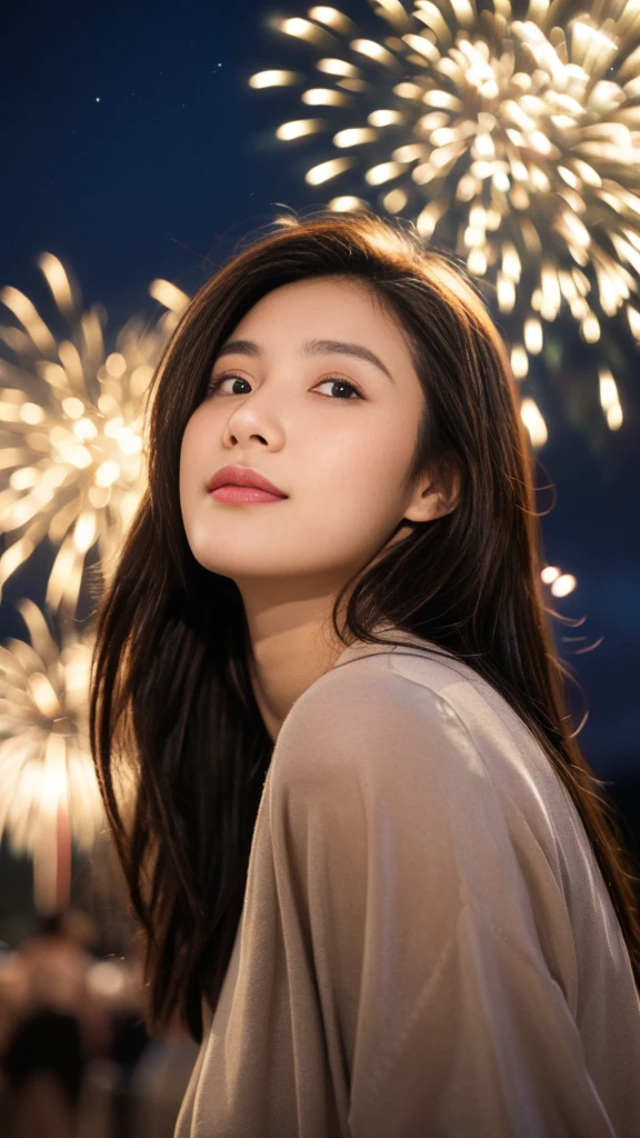 high resolution、Japanese women、Beauty、cute、Brown long hair hairstyle、Small face、Beautiful skin、Large breasts、Reality Stick、night、（Fireworks:1.5）、outside、Sexy pose、Sexy look、（The yukata is long-sleeved and closed in the front:1.5）、（The yukata is not open in the front:1.5）、Looking up
