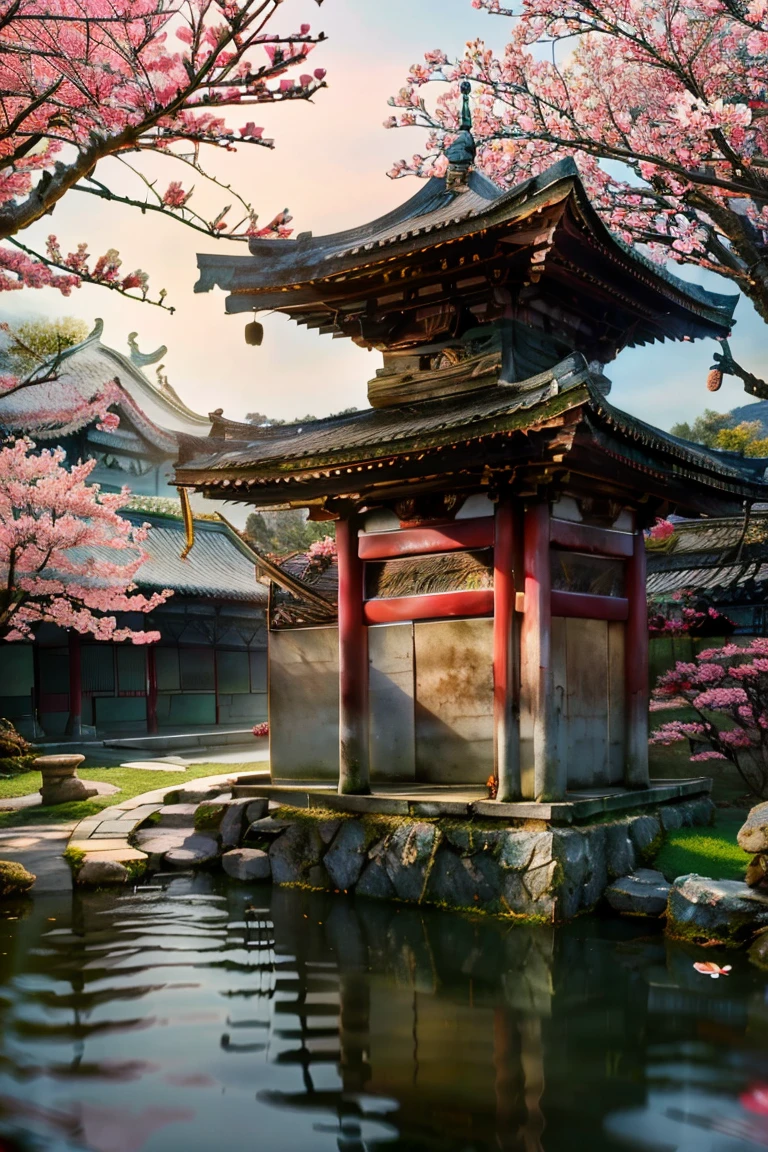 sakura cherry blossom garden, chinese imperial castle, traditional japanese garden, tranquil pond, stone bridge, pagoda, flowers, lush greenery, vibrant colors, soft lighting, intricate details, (best quality,4k,8k,highres,masterpiece:1.2),ultra-detailed,(realistic,photorealistic,photo-realistic:1.37),stunning landscape, breathtaking scenery, atmospheric, serene, peaceful, harmonious, cinematic composition