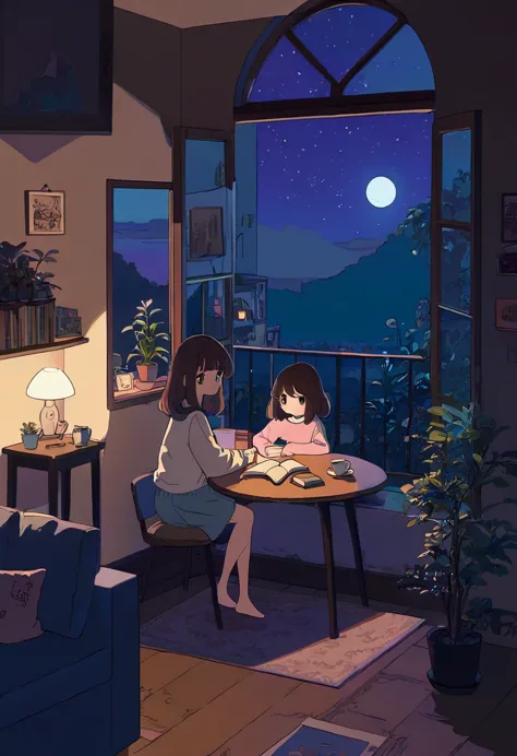 1girl, kawaii girl，a plant，walls, window, book, coffee, table, night, cozy room, lofi style, full body,