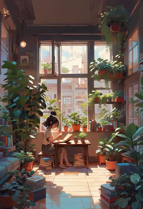 1girl, kawaii girl，a plant，walls, window, book, coffee, table, night, cozy room, lofi style, full body,