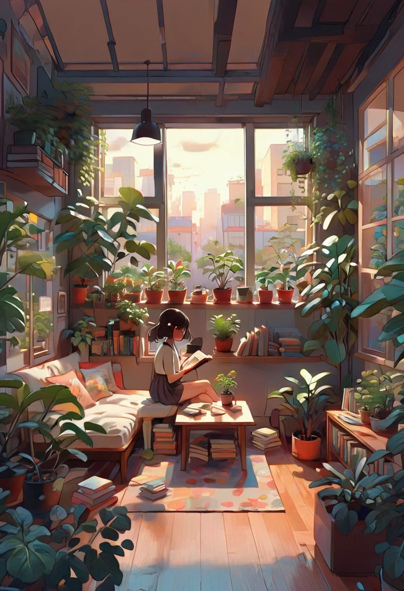 1girl, kawaii girl，A plant，Walls, window, book, coffee, table, night, cozy room, lofi style, full body,