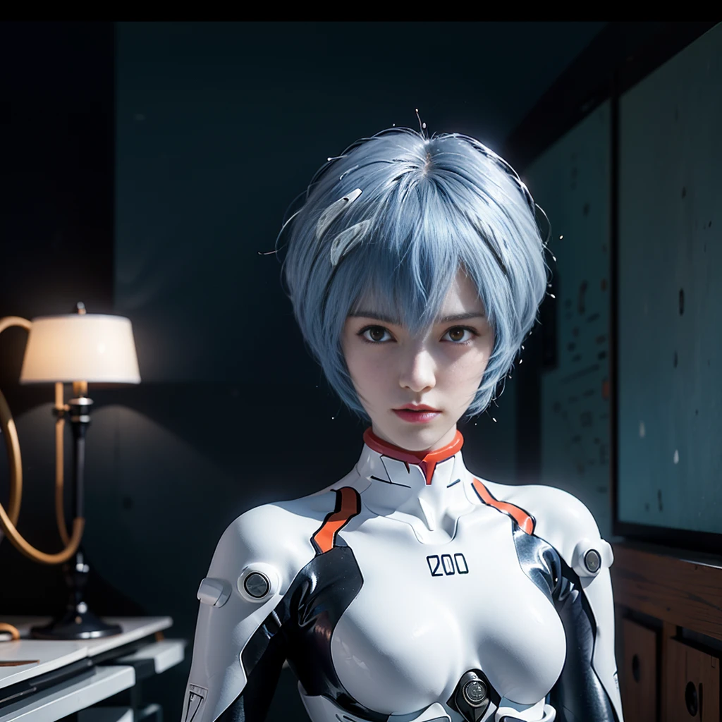 (8k, RAW photo, highest quality, refined details, Masterpiece: 1.2), (high resolution 8k wallpaper), sharp focus, professional lighting, depth of field, cinematic lighting, background blur, Evangelion Rei Ayanami. She is a Japanese woman with blue hair, red eyes, and a white plug suit. Her futuristic background and realistic style with a cool look are her hallmarks. Quiet atmosphere like science fiction