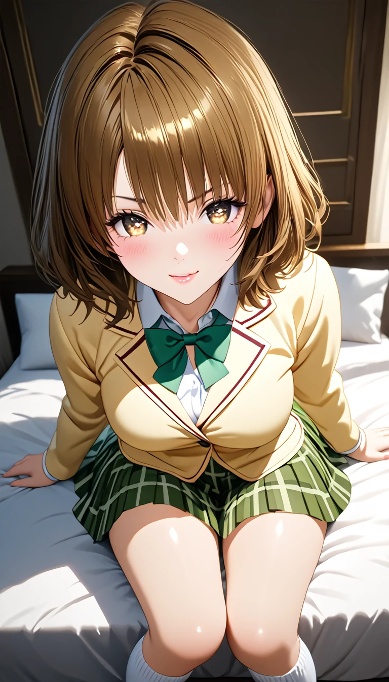 (masterpiece,ultra-detailed,best quality,8K,CG,realistic,illustration:1.2),(perfect-composition,detailed beautiful face,Clean skin,photographical skin,shiny skin,shiny hair, photographical hair,ultra detailed eyes,shaved,kawaii,uncensored:1.1),medium hair, 1girl, solo, brown hair, brown eyes,large breast,winter school uniform, yellow blazer, buttoned blazer,plaid skirt, green skirt,green bowtie,thigh socks,boots ,blushing,serious smile , glossy lips ,sitting on bed edge ,arms spread,luxury room,full body, above view