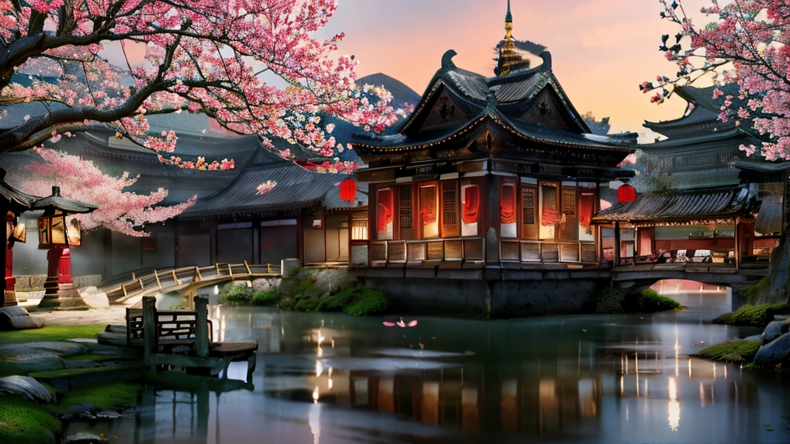 sakura cherry blossom garden, chinese imperial castle, traditional japanese garden, tranquil, pagoda, flowers, lush greenery, vibrant colors, soft lighting, intricate details, (best quality,4k,8k,highres,masterpiece:1.2),ultra-detailed,(realistic,photorealistic,photo-realistic:1.37),stunning landscape, breathtaking scenery, atmospheric, serene, peaceful, harmonious, cinematic composition