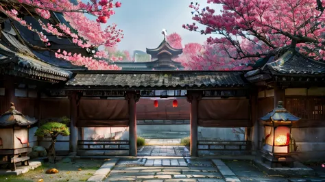 sakura cherry blossom garden, chinese imperial castle, traditional japanese garden, tranquil, pagoda, flowers, lush greenery, vi...