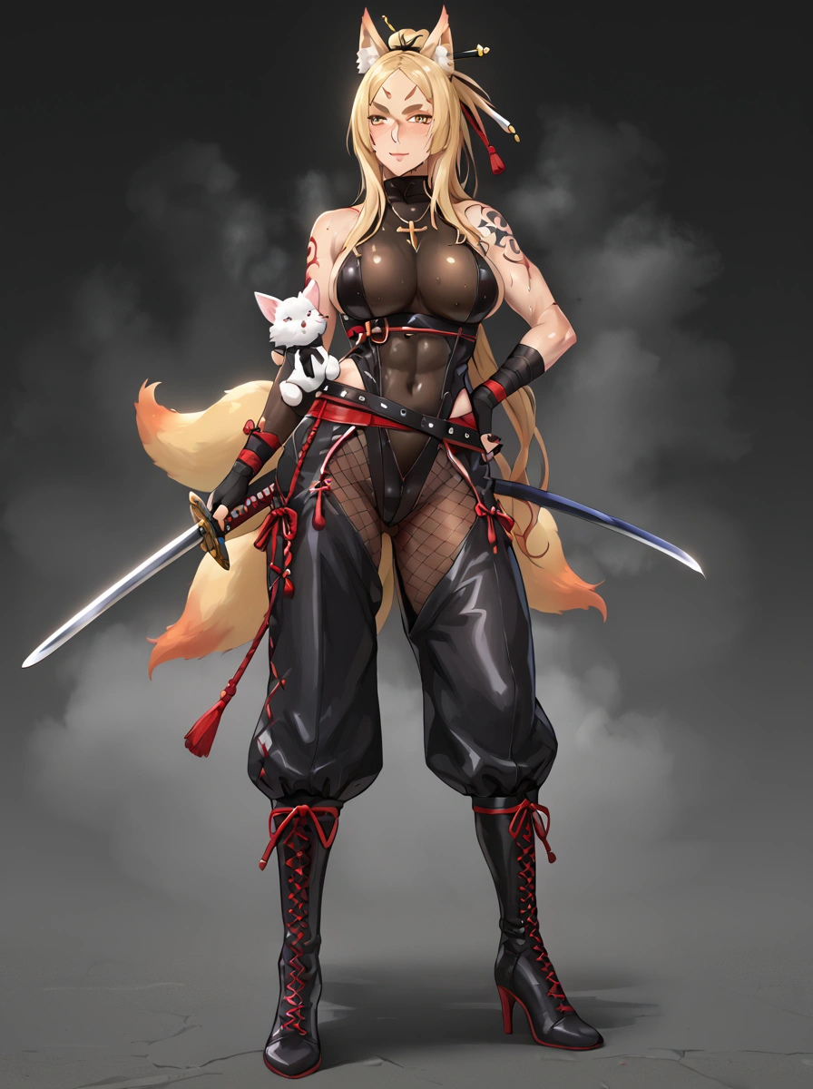 (hero neisan art style:0.7), score_9, score_8_up, score_7_up, score_6_up, uncensored, Yasaka, orange eyes, blonde hair, long hair, short eyebrows, thick eyebrows, tail, fox tail, multiple tails, hair ornament, hair stick, animal ears, fox ears, BREAK detailed eyes, beautiful eyes, perfect eyes, assertive female, (perfect hands, perfect anatomy), detailed skin texture, (blush:0.5), (goosebumps:0.5), excessive sweating, sweating profusely, sweating drop BREAK, 1girl, weapon, fishnets, sword, fishnet bodysuit, sheathed, high heels, full body, sheath, black footwear, solo, hand on own hip, breasts, holding, katana, chaps, fingerless gloves, tattoo, gloves, multiple belts, bandaged arm, arm tattoo, pants tucked in, pants, leotard, bow, holding animal, standing, puffy pants, multiple swords, cross-laced footwear, boots, belt, black gloves, looking at viewer, scar on nose, animal, scar on face, high heel boots, bandages, charm \(object\), knee boots, scar, scar across eye, black leotard, single sleeve, baggy pants, legs apart, weapon on back, shoulder tattoo, black belt, fishnet pantyhose, bare shoulders, sword behind back, wakizashi, leg belt, leotard under clothes, scabbard, parted lips, short sword, thigh cutout, sleeveless turtleneck leotard, covered collarbone, arm belt, ribbon, black bow, clothing cutout, fog, smile, black pants, bodysuit, buckle, covered navel, large breasts, bodystocking, black ribbon, pantyhose, lips, lace-up boots, chest belt, closed mouth, sleeveless, scar on arm, o-ring, leather boots, multiple weapons, turtleneck, single bare shoulder, black nails, kunai, crotchless, holding cat, ninja, artist name, loose belt, belt buckle, covered abs, highleg leotard, strap, nose,