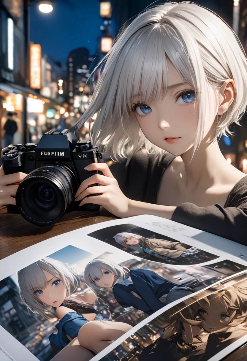  (8K, 4K, Best Quality, High Resolution: 1.2) ,1 girl, megami magazine, white hair, short hair, blue eyes
、((masterpiece)),(((Best quality))),(Character Design Sheet,same character,Front,side,back),iRAW photo, portrait photo 25 years.about Girl in casual clothes, night, City street, (highly detailed skin:1.2), 8k contract, SLR camera, soft lighting, high quality, granularity, Fujifilm XT3,score_9,score_8_up,score_7_up,dramatic lighting,highly detailed,high budget,bokeh,cinemascope,moody,epic,gorgeous,film grain,grainy,masterpiece,best quality,perfect anatomy,very aesthetic,official art,8k,