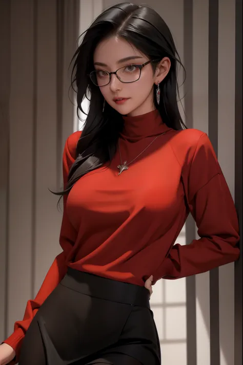 masterpiece, best quality, black hair, glasses, necklace, earrings, red sweater, turtleneck, labcoat, black miniskirt, large bre...