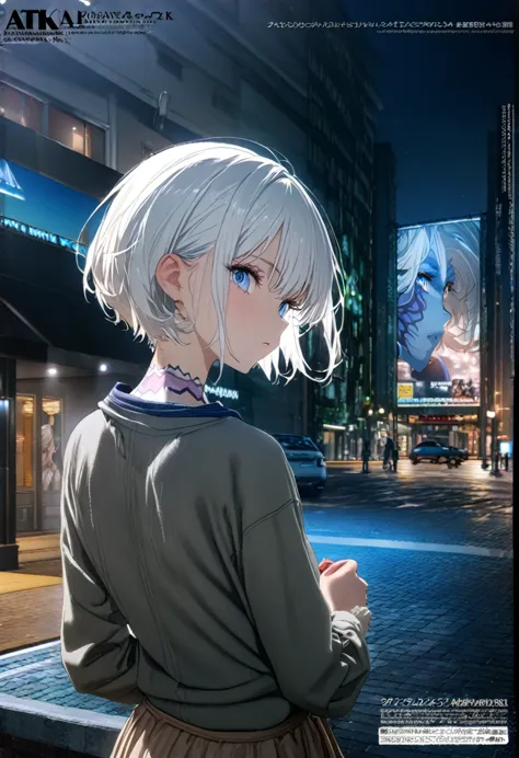 (8k, 4k, best quality, high resolution: 1.2) ,1 girl, ((megami magazine)), white hair, short hair, blue eyes
、((masterpiece)),((...