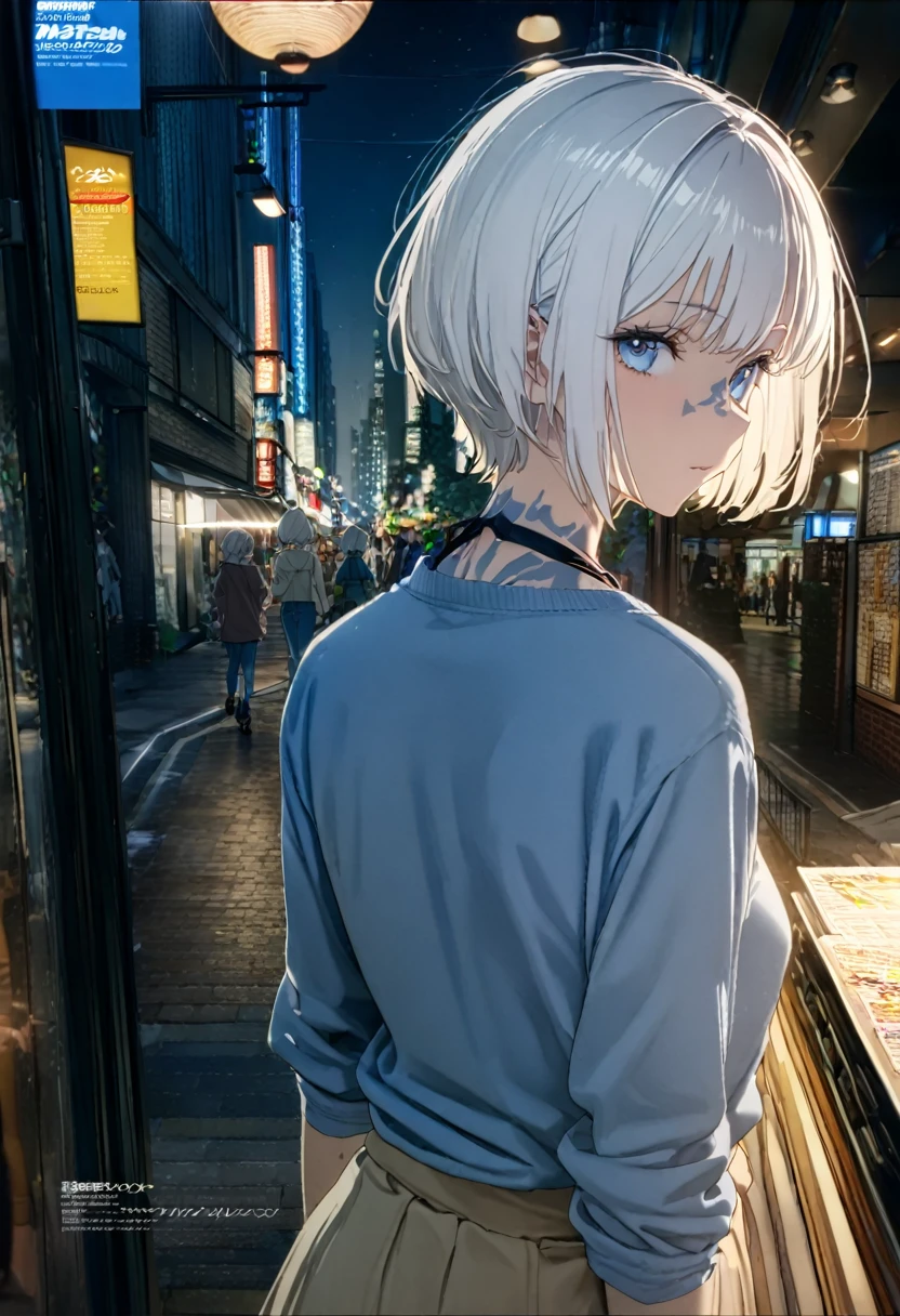  (8K, 4K, Best Quality, High Resolution: 1.2) ,1 girl, ((megami magazine)), white hair, short hair, blue eyes
、((masterpiece)),(((Best quality))),(Character Design Sheet,same character,Front,side,back),iRAW photo, portrait photo 25 years.about Girl in casual clothes, night, City street, (highly detailed skin:1.2), 8k contract, SLR camera, soft lighting, high quality, granularity, Fujifilm XT3,score_9,score_8_up,score_7_up,dramatic lighting,highly detailed,high budget,bokeh,cinemascope,moody,epic,gorgeous,film grain,grainy,masterpiece,best quality,perfect anatomy,very aesthetic,official art,8k,