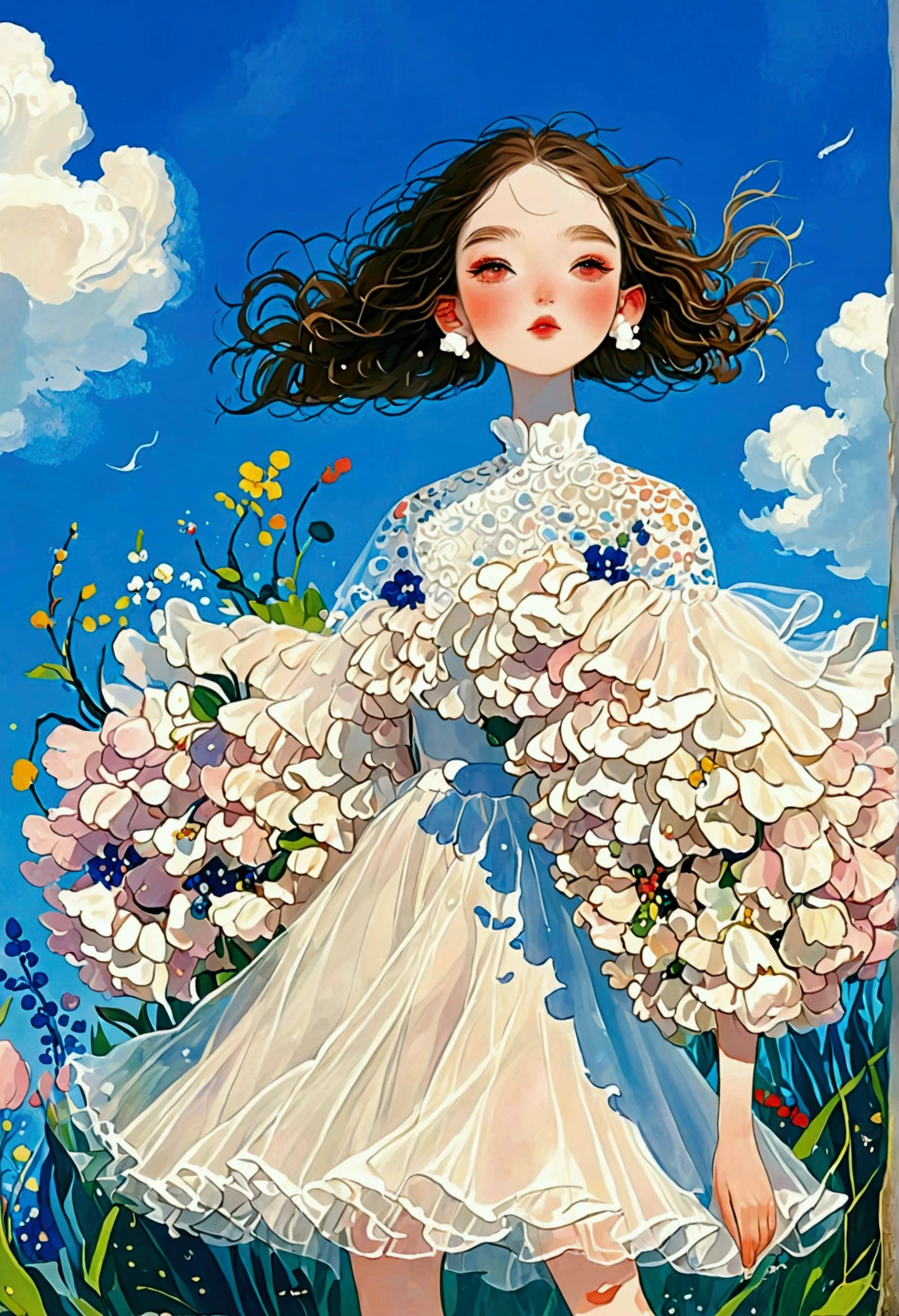 Fashion Designillustration，The painting shows a girl in a dress，Fluffy tulle skirt，White Tulle Skirt - Fluffy - Multi-layered，Dress inspired by flowers - flower shape， Popular trends on artstration, A beautiful art illustration, Beautiful digital illustrations, Color illustration, author：Golden Farmer, Detailed fashion illustration, Porcelain skin. Studio Ghibli, illustration, Mei Qing, Colorfull illustration, Fantasy illustrations, author：unbelievable，Blue Background，White Cloud