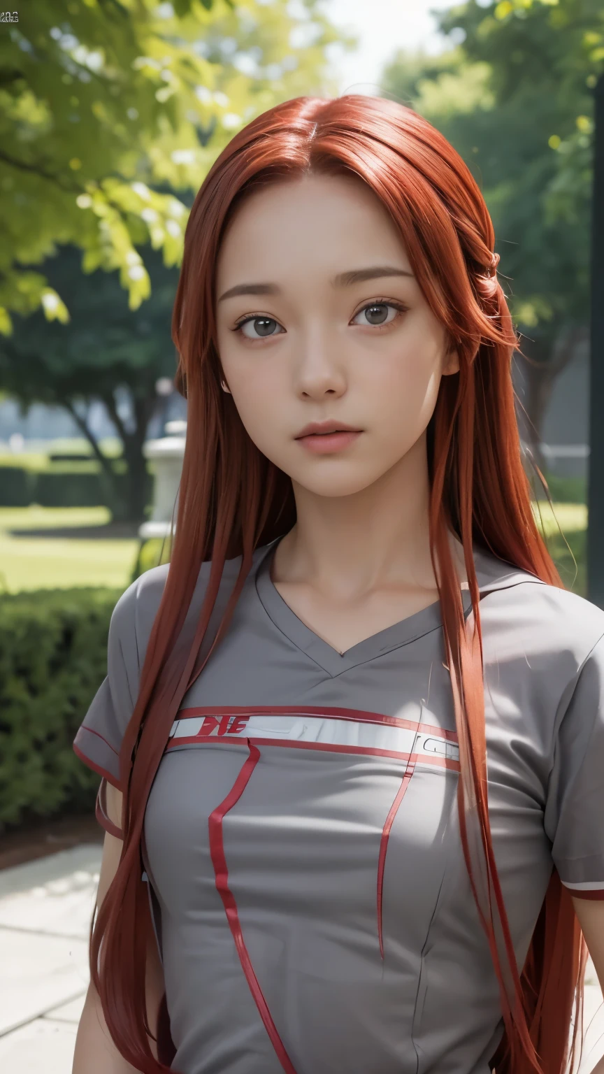 masterpiece, best quality, (realistic, photo-realistic:1.4), (RAW photo:1.2), extremely detailed CG unity 8k wallpaper, delicate and beautiful, amazing, finely detail, official art, absurdres, incredibly absurdres, huge filesize, ultra-detailed, extremely detailed, extremely detailed girl, extremely detailed eyes and face, light on face,little smile,Tiese_Shtolienen,(red hair:1.3),long hair,(grey t-shirt:1.5),garden,close up,(teen girl:1.7)