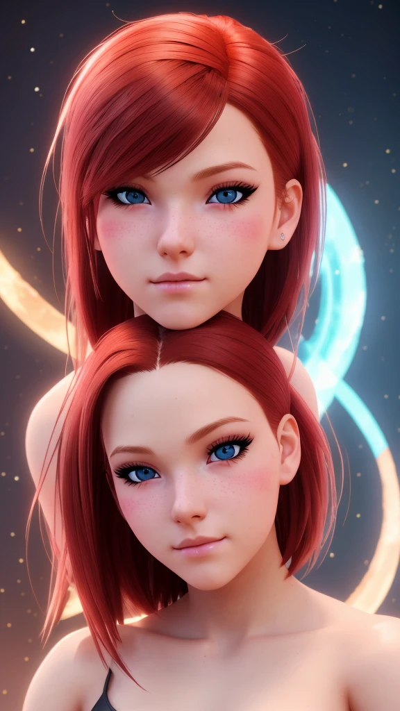 1girl, star eye, blush, perfect illumination, red hair, red eyes, unreal engine, sidelighting, detailed face, bangs, bright skin, simple background, dark background