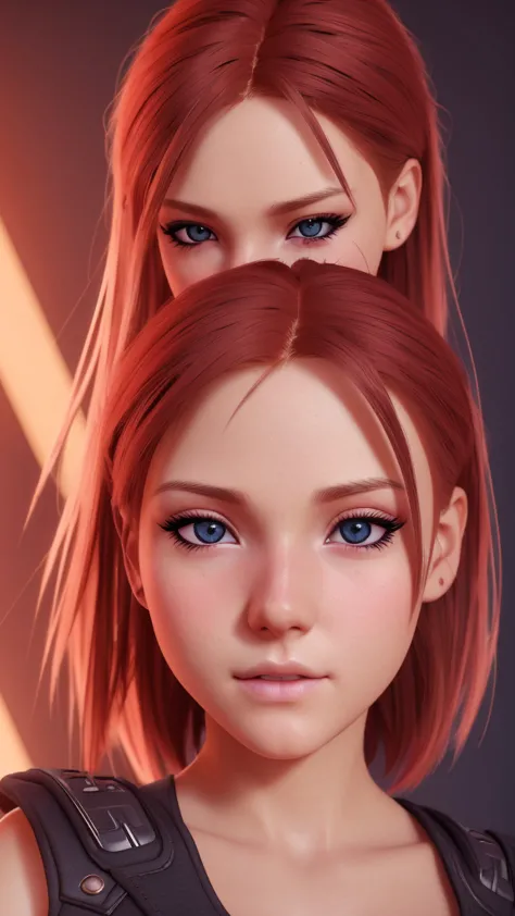 1girl, star eye, blush, perfect illumination, red hair, red eyes, unreal engine, sidelighting, detailed face, bangs, bright skin...