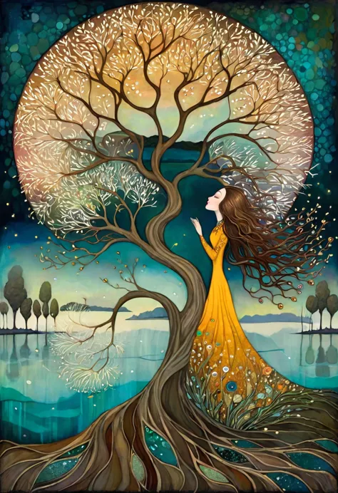 oil and acrylic painting in the style of andy kehoe and tracy grimwood, catrin welz-stein, klimt.. yggdrasill tree, large roots ...