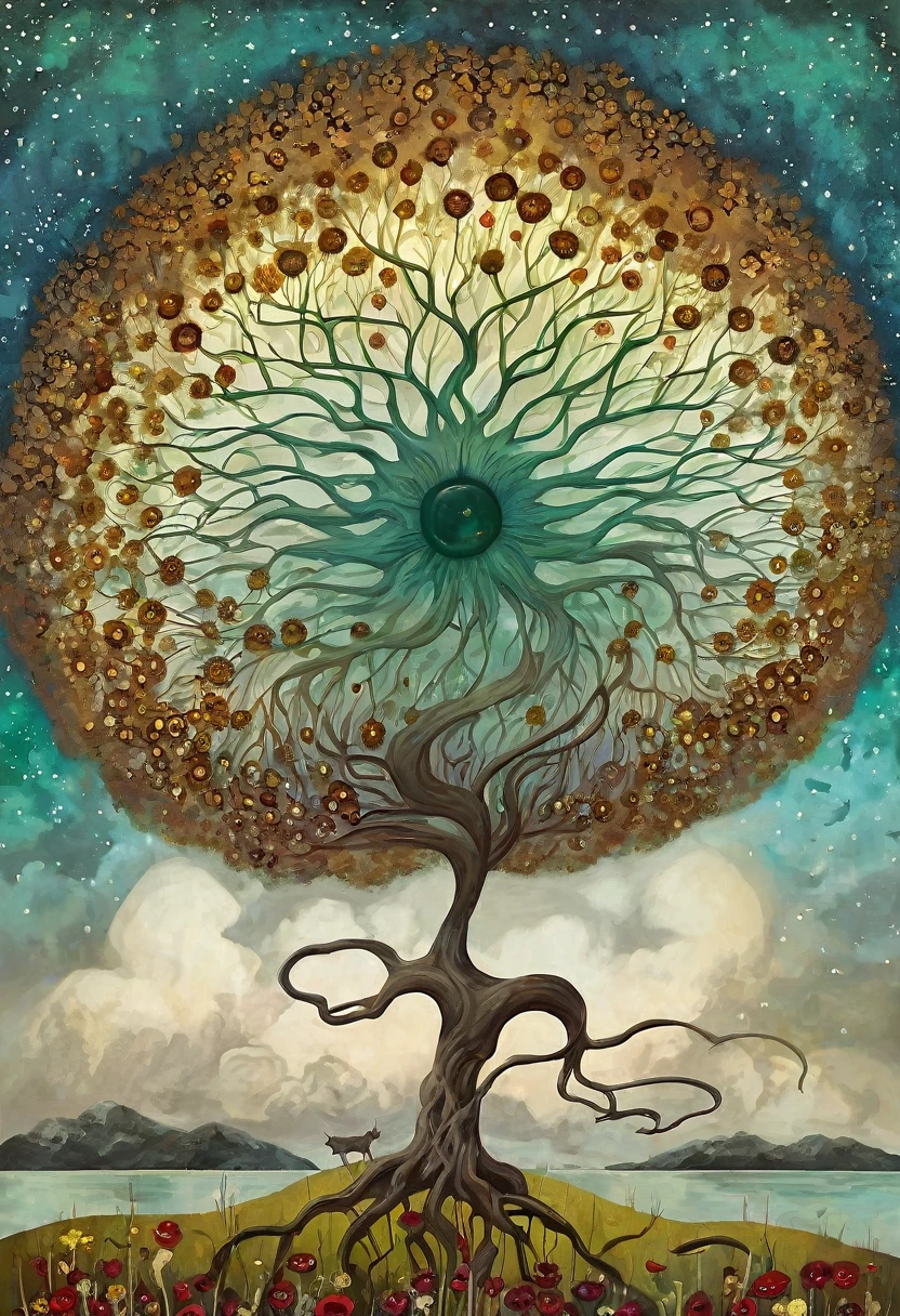 oil and acrylic painting In the Style of Andy Kehoe and Tracy Grimwood, Catrin Welz-Stein, Klimt.. yggdrasill tree, large roots like blown glass tubes sinking into the ground, stained glass branches rising high into the sky and woman with dark blond hair, waved by the wind, dress made of flowers and leaves . Three-quarter view of a lake with mustard-colored, emerald waters. Blooming dandelion flowers, poppies, marsh flowers, orchid blossoms. Disc-shaped sun of polychrome gemstones. Warm colors, and cold colors skillfully blended.
