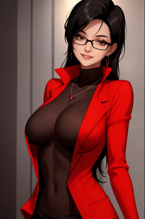 masterpiece, best quality, black hair, glasses, necklace, earrings, red sweater, turtleneck, labcoat, black miniskirt, large bre...