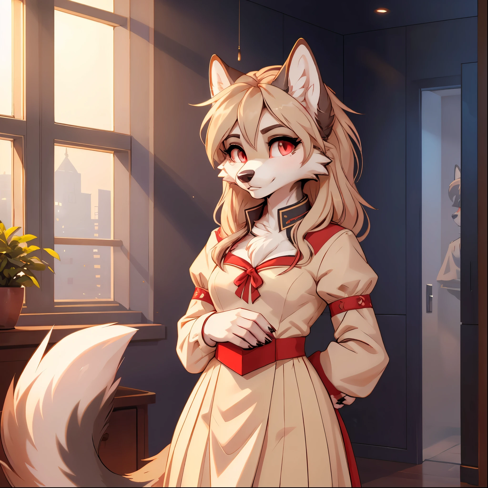 , solo, 1girl, Furry , furry wolf, anthropomorphic, female, red eyes, (beige fur, beige skin), elegant uniform, 